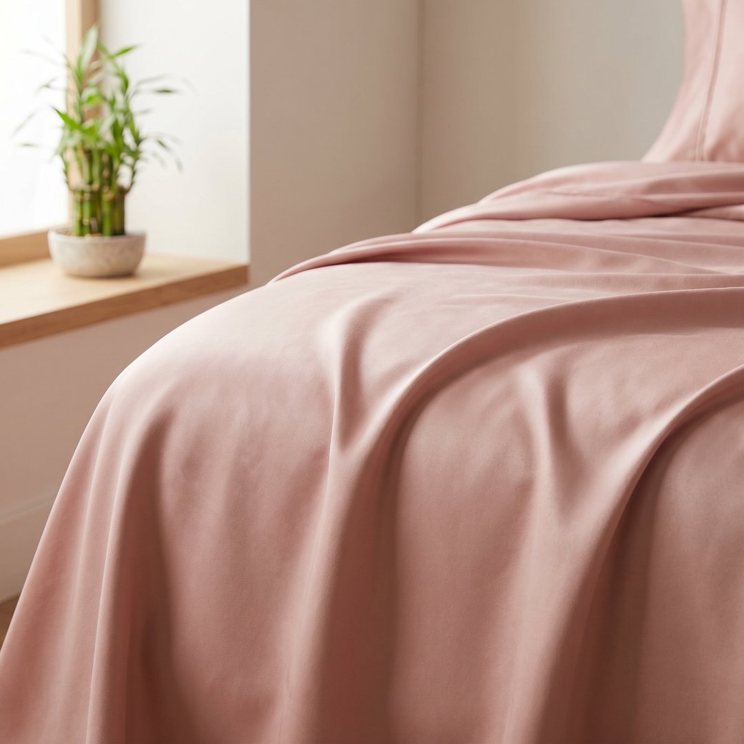 Silky bamboo sheets with soft drape and natural light in a serene bedroom
