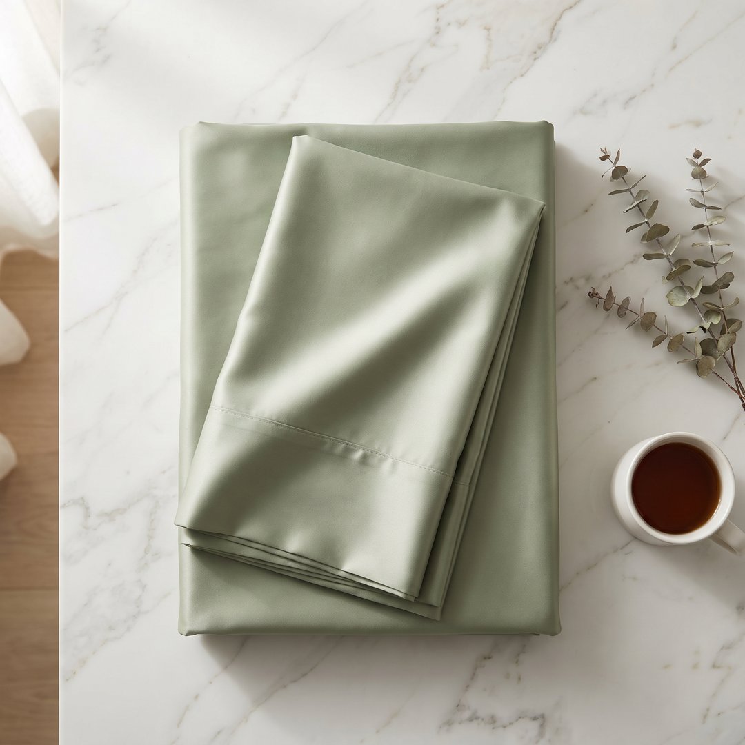 Island Bamboo sheet set in sage green, folded on marble with natural styling